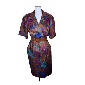 Vintage 80s Wrap Dress Womens 4 Brown Linen Floral Office Chic